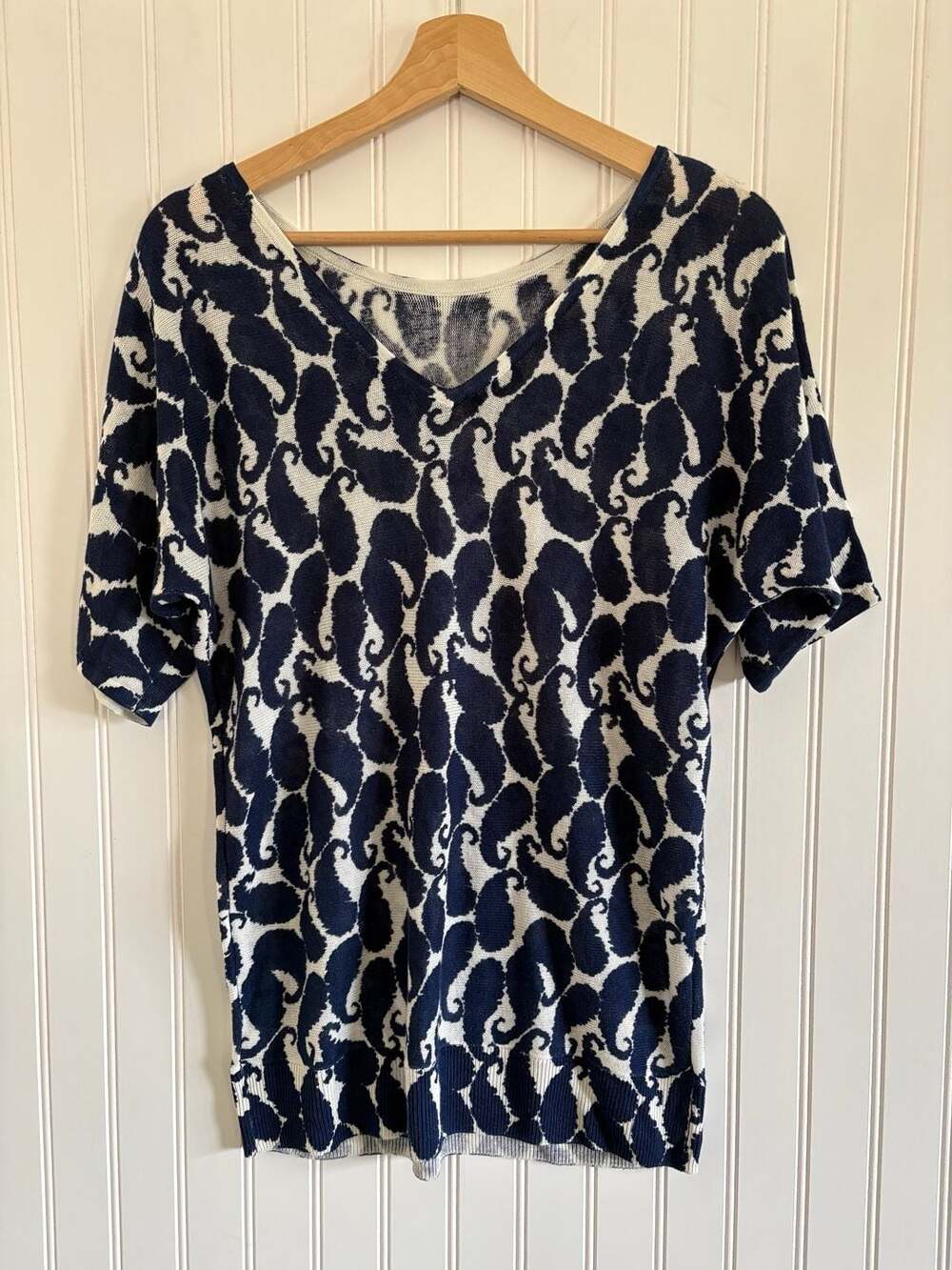 Talbots Blue White Shadow Paisley Linen Viscose Dolman-Sleeve V-Back Sweater